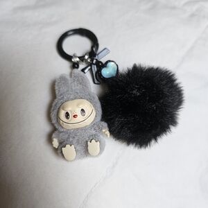 Fuzzy Have a Seat Black Labubu Keychain with Heart Gems Pom Pom Bag Charms NEW
